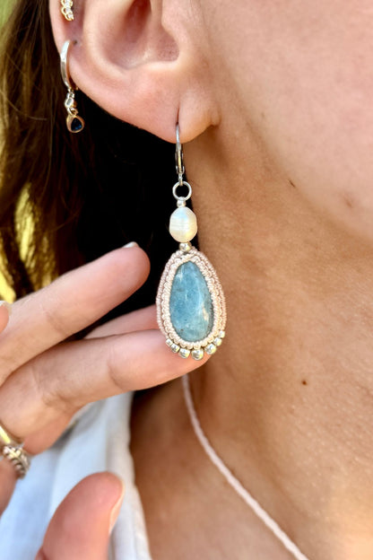 Handmade Aquamarine Drop Hoop Earrings with Freshwater Pearl