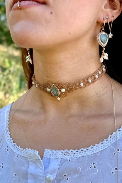 Handmade Aquamarine and Freshwater Pearl Drop Hoop Earrings with Gold Accents
