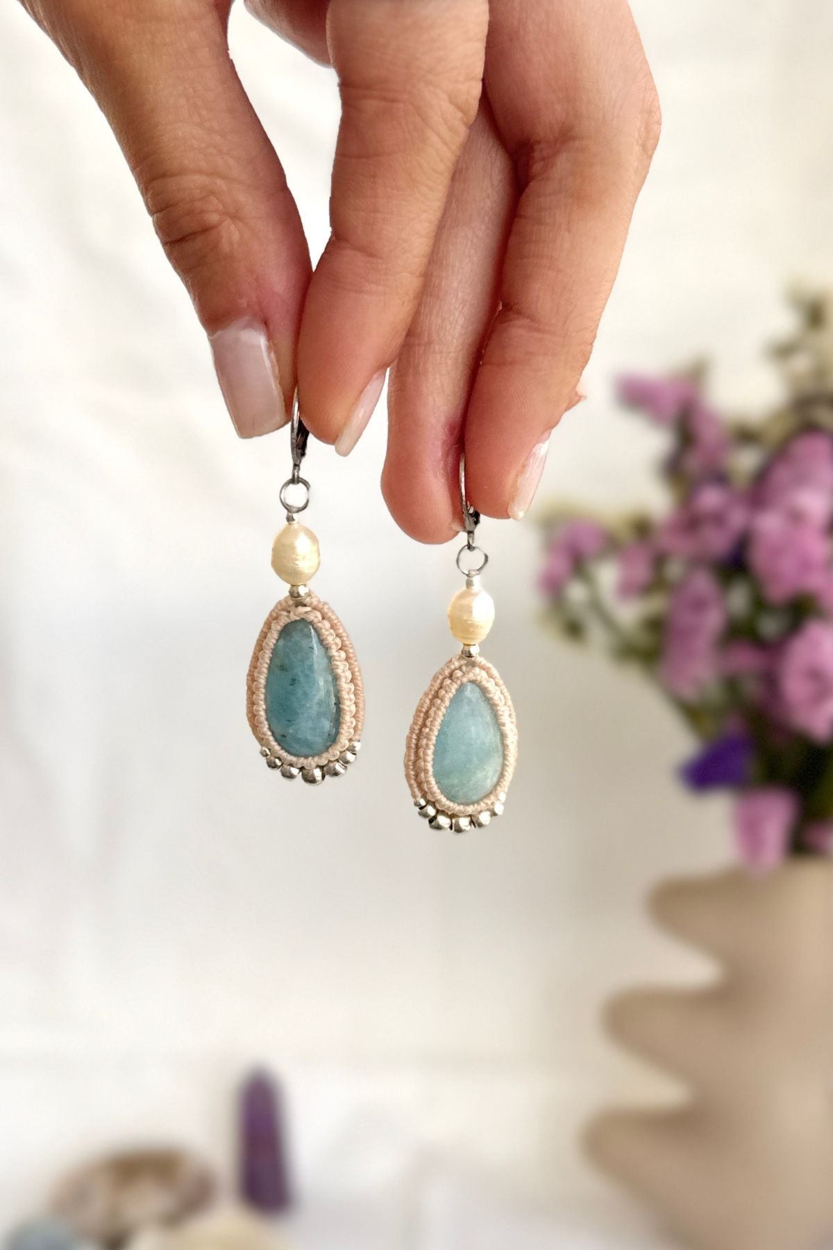 Handmade Aquamarine Drop Hoop Earrings with Freshwater Pearl
