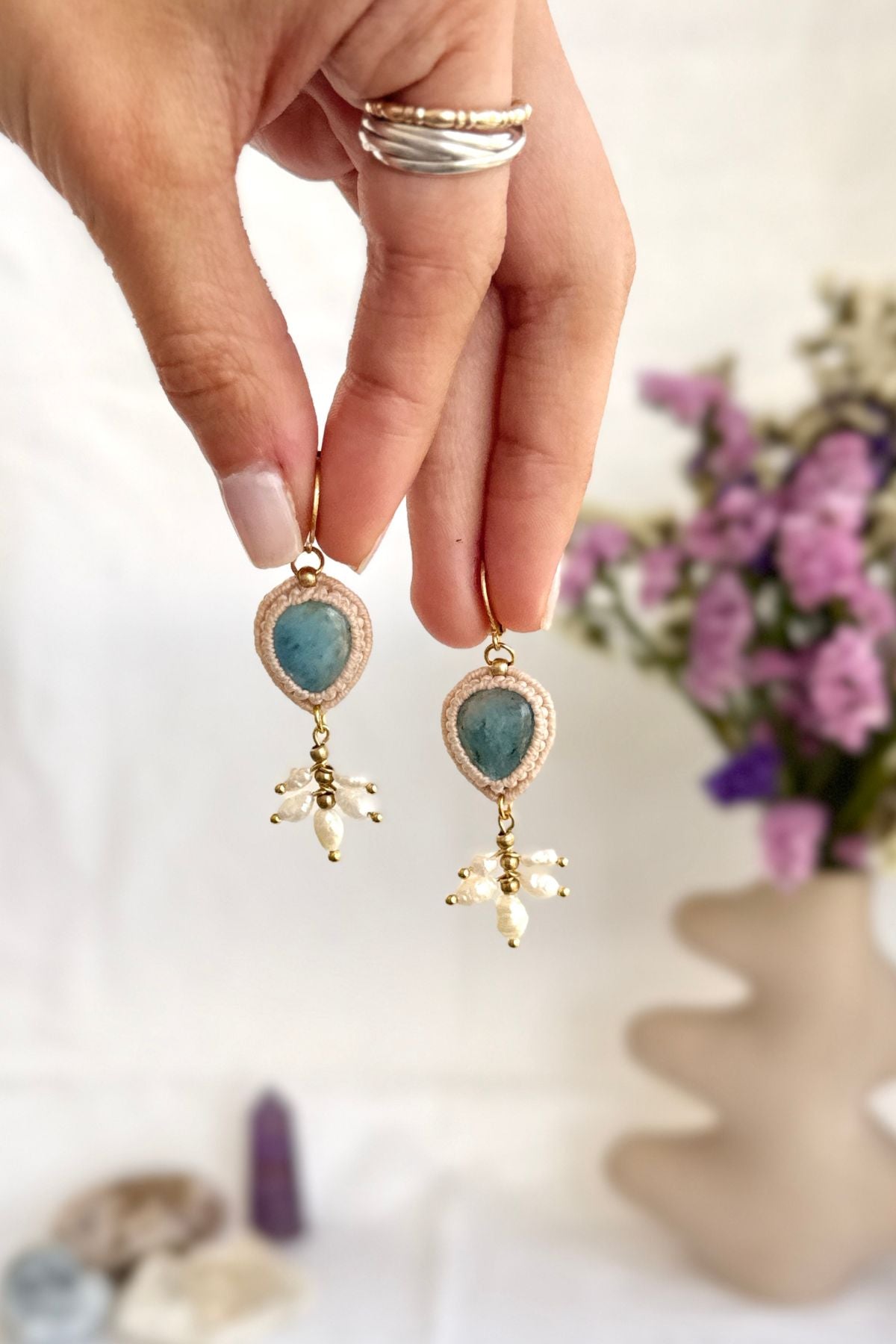Handmade Aquamarine and Freshwater Pearl Drop Hoop Earrings with Gold Accents