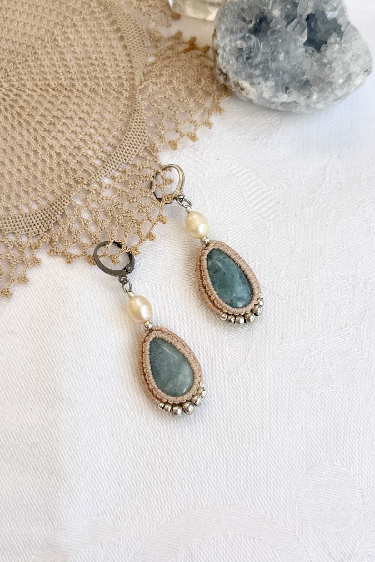 Handmade Aquamarine Drop Hoop Earrings with Freshwater Pearl