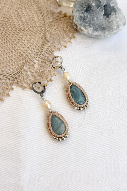 Handmade Aquamarine Drop Hoop Earrings with Freshwater Pearl
