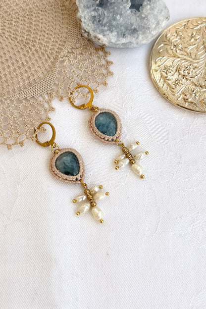 Handmade Aquamarine and Freshwater Pearl Drop Hoop Earrings with Gold Accents