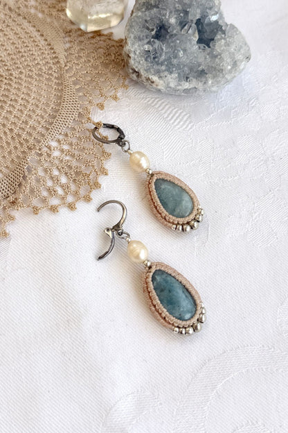 Handmade Aquamarine Drop Hoop Earrings with Freshwater Pearl