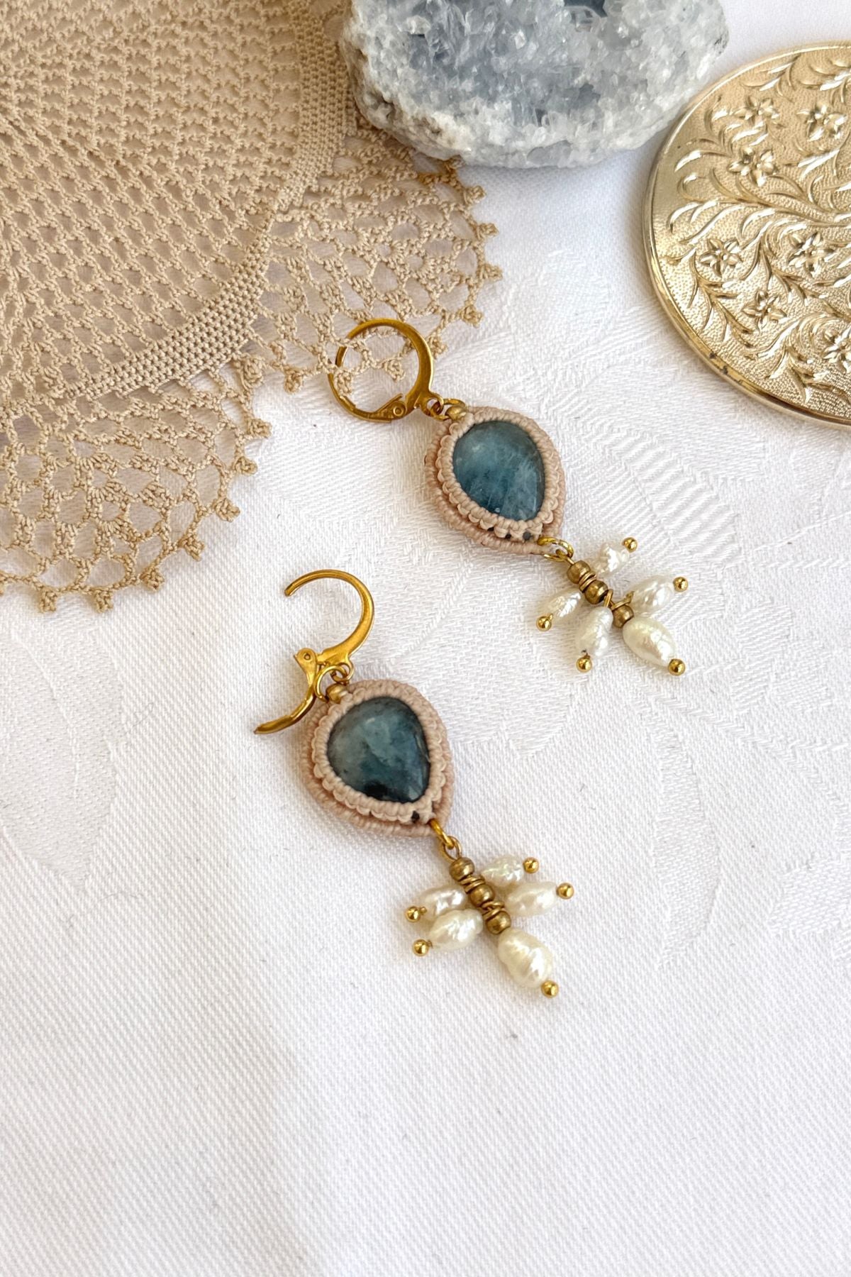 Handmade Aquamarine and Freshwater Pearl Drop Hoop Earrings with Gold Accents