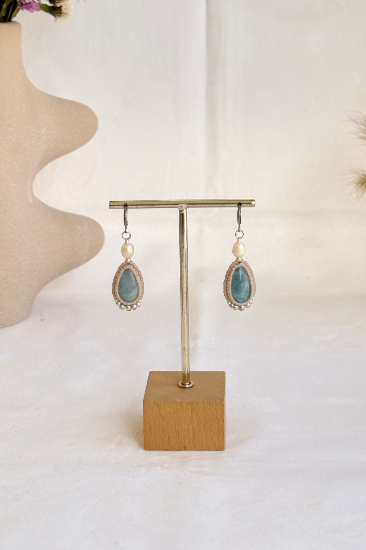 Handmade Aquamarine Drop Hoop Earrings with Freshwater Pearl