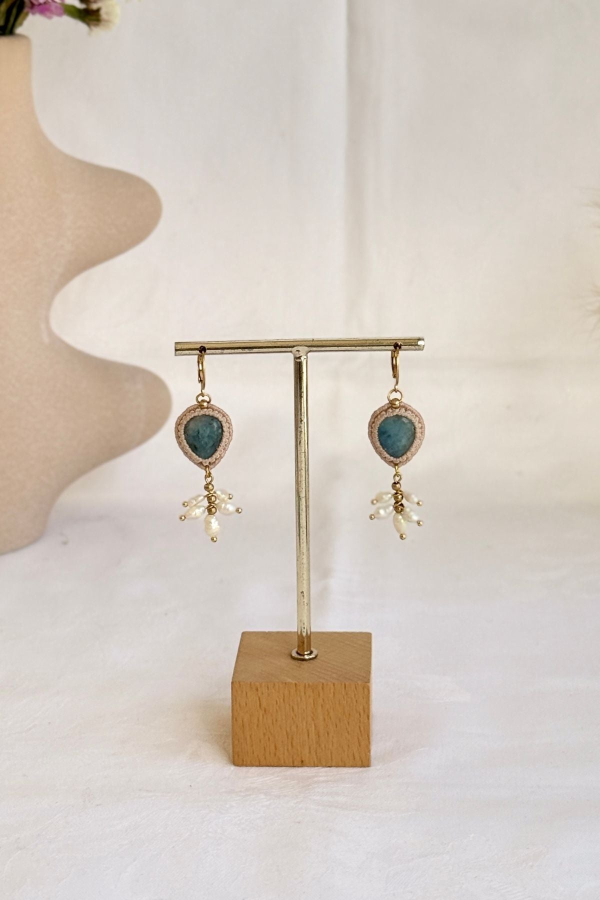 Handmade Aquamarine and Freshwater Pearl Drop Hoop Earrings with Gold Accents