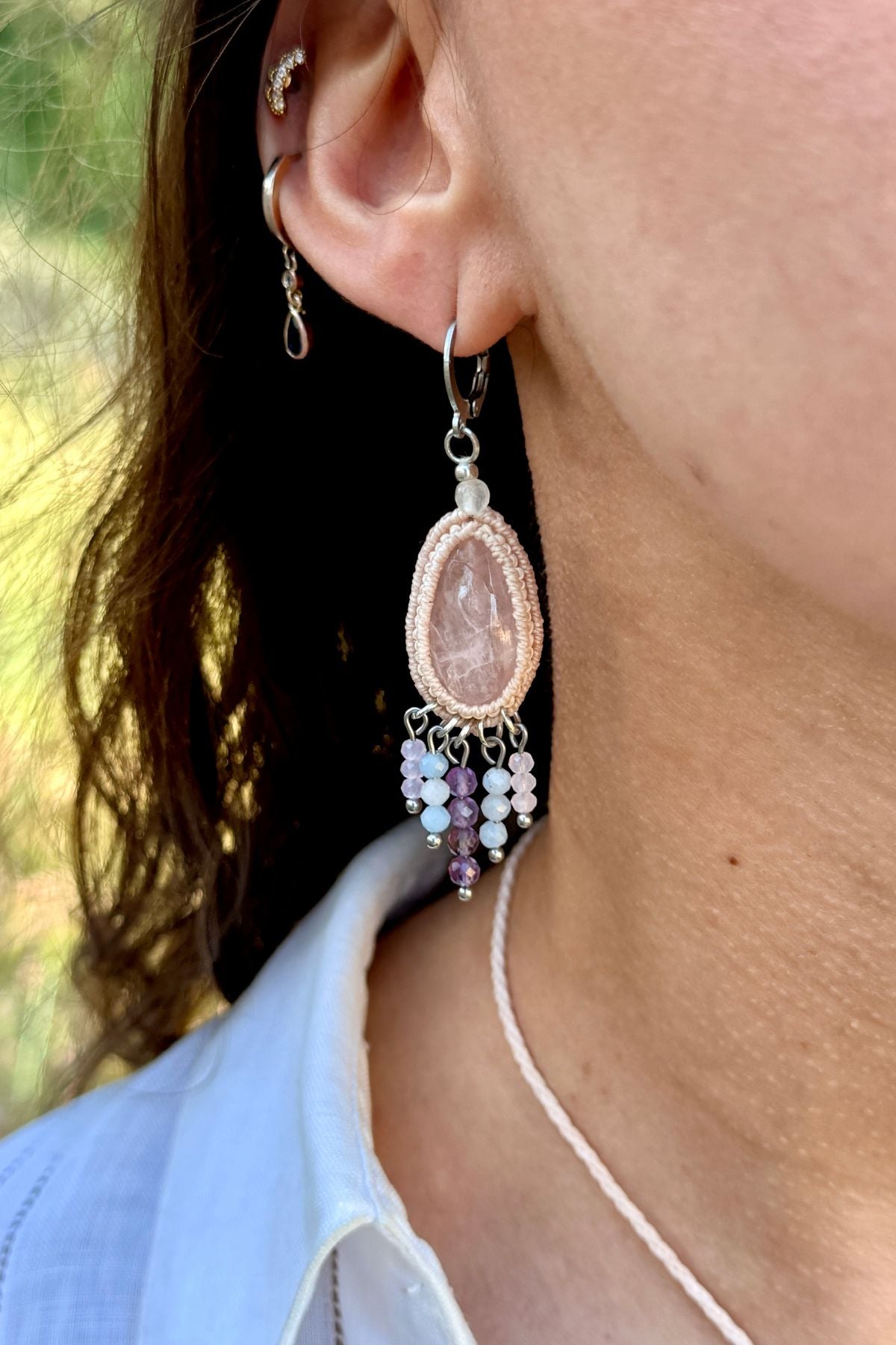 Handmade Rose Quartz Drop Hoop Earrings with Cascading Crystal Beads