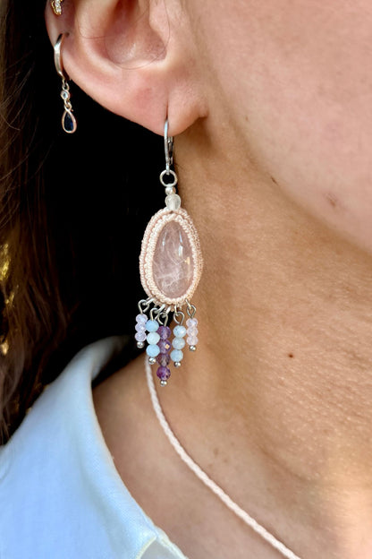 Handmade Rose Quartz Drop Hoop Earrings with Cascading Crystal Beads