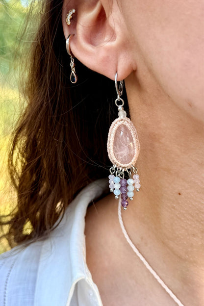 Handmade Rose Quartz Drop Hoop Earrings with Cascading Crystal Beads