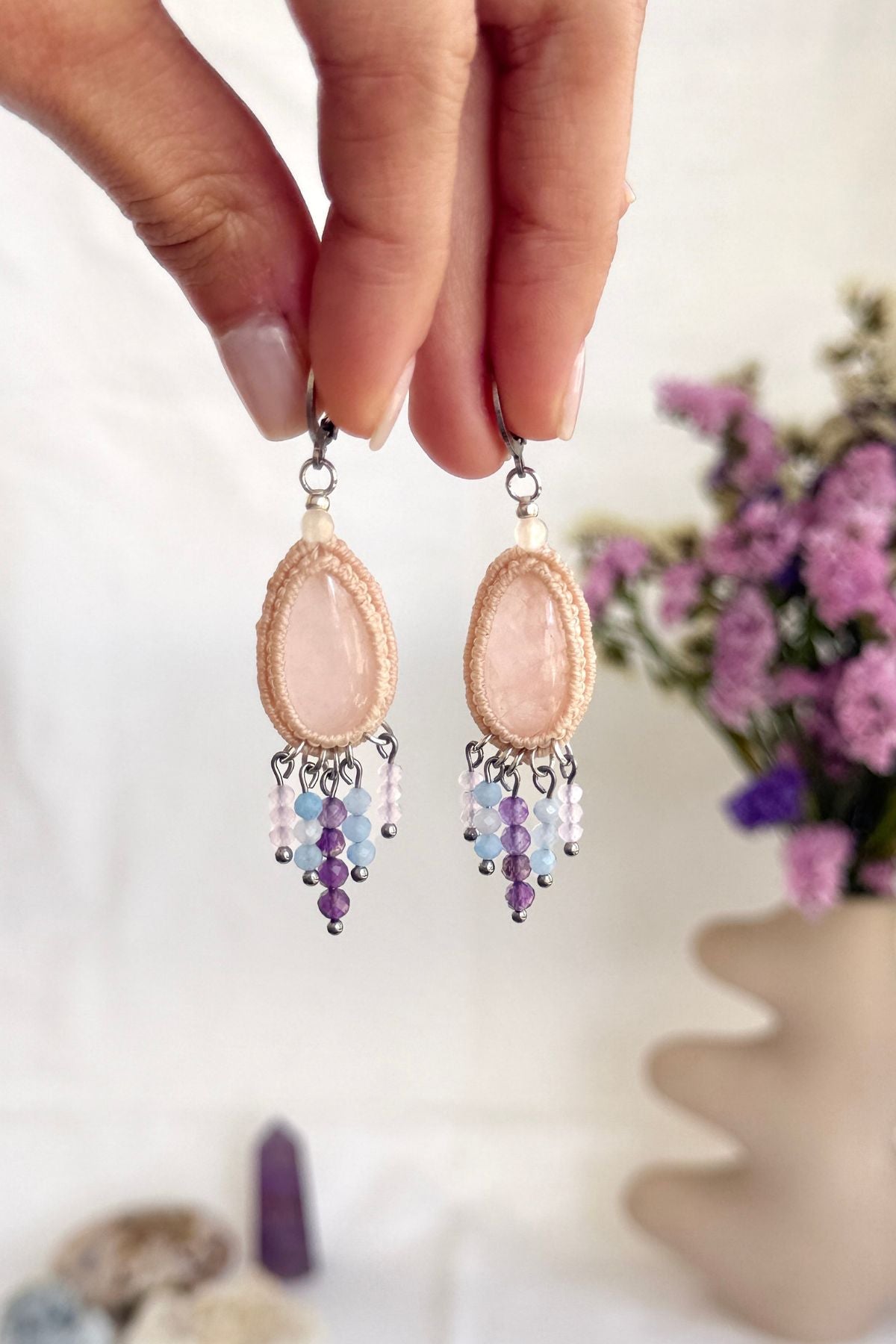 Handmade Rose Quartz Drop Hoop Earrings with Cascading Crystal Beads