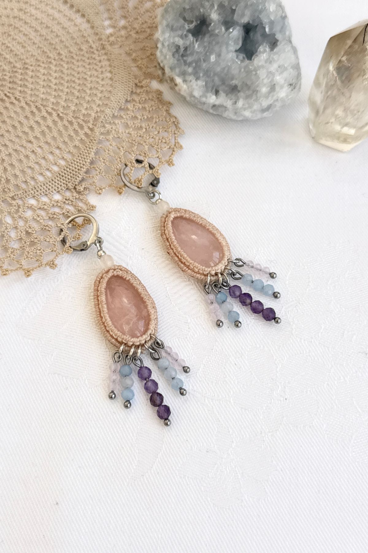 Handmade Rose Quartz Drop Hoop Earrings with Cascading Crystal Beads