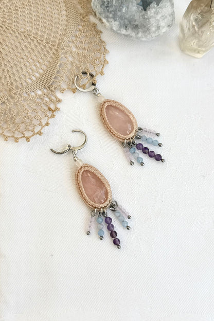 Handmade Rose Quartz Drop Hoop Earrings with Cascading Crystal Beads