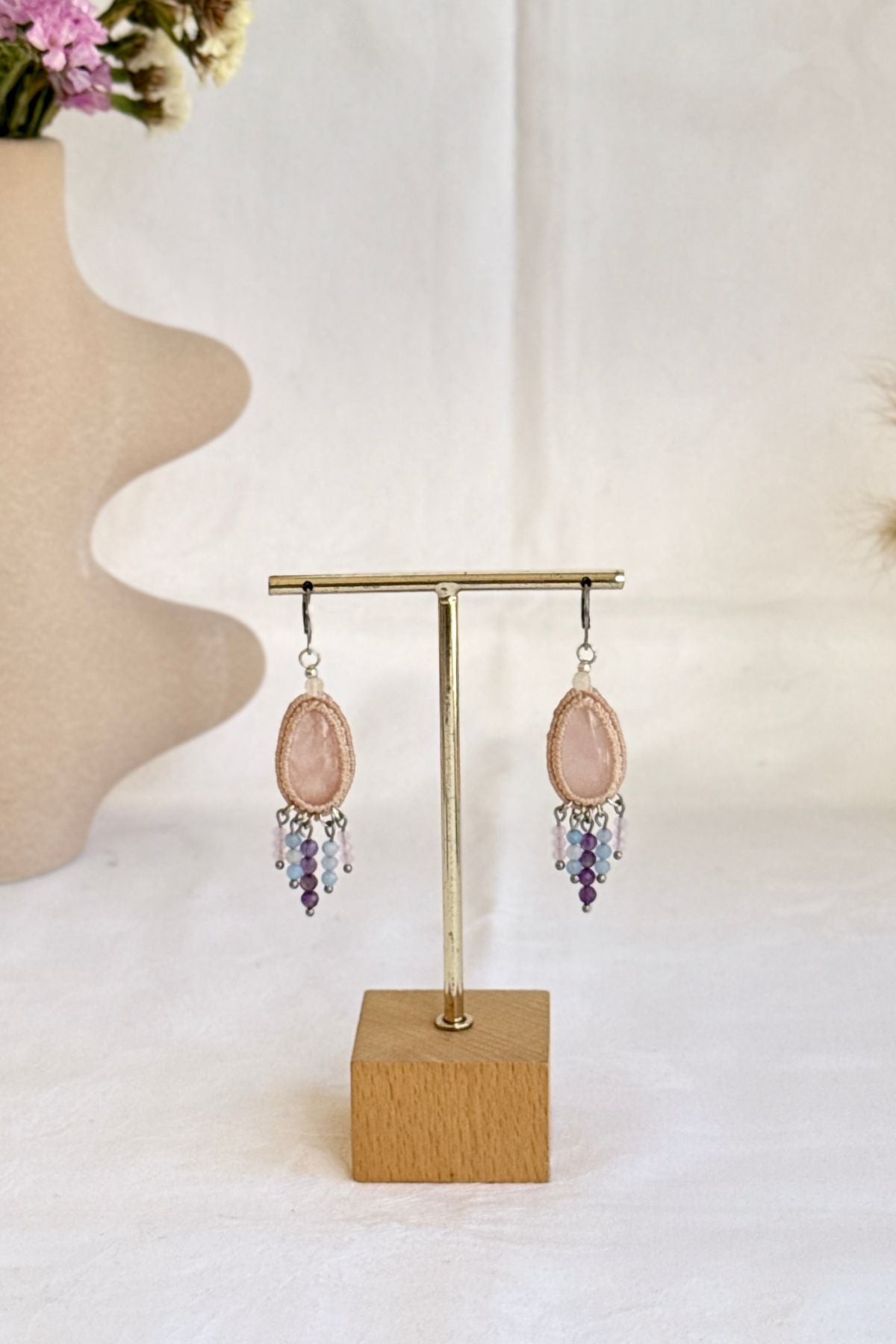 Handmade Rose Quartz Drop Hoop Earrings with Cascading Crystal Beads