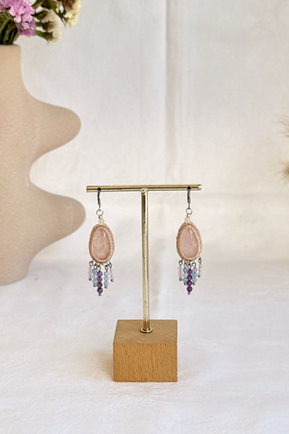 Handmade Rose Quartz Drop Hoop Earrings with Cascading Crystal Beads