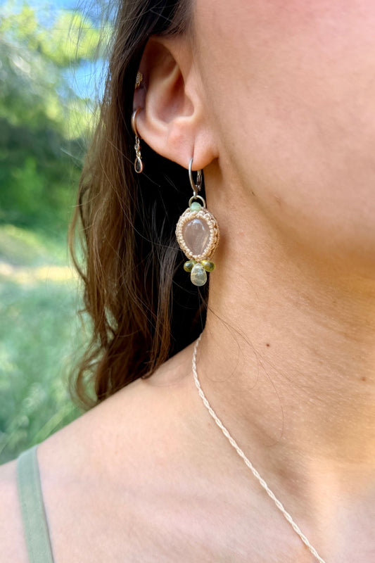 Handmade Rose Quartz Hoop Earrings with Prehnite and Peridot Gemstone Drops