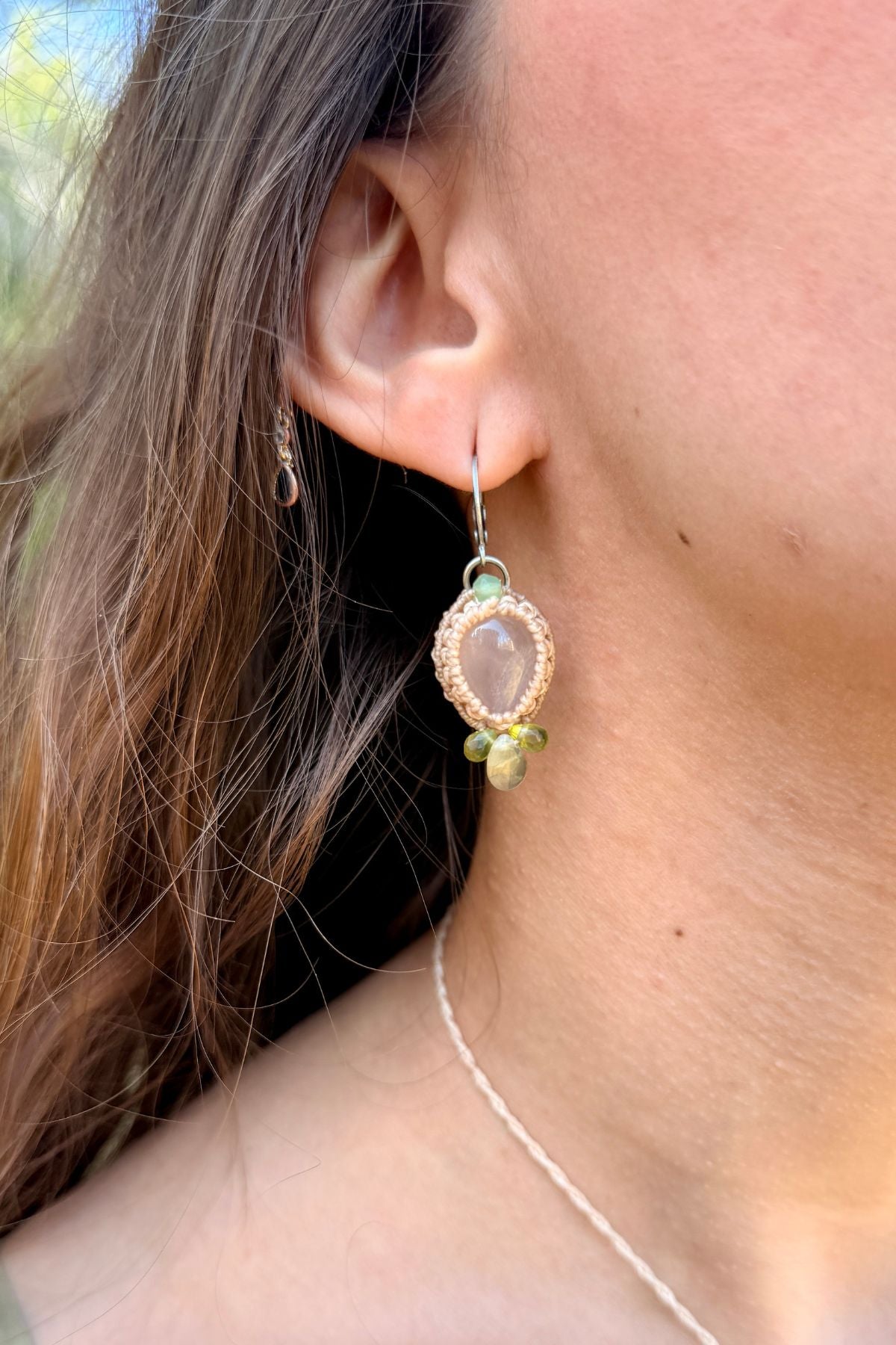 Handmade Rose Quartz Hoop Earrings with Prehnite and Peridot Gemstone Drops