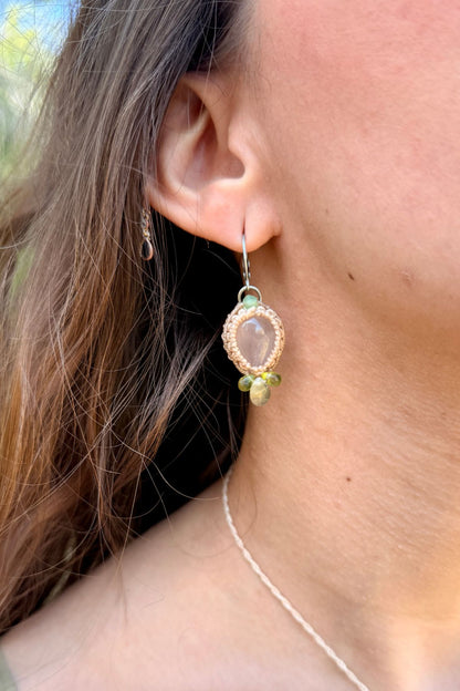 Handmade Rose Quartz Hoop Earrings with Prehnite and Peridot Gemstone Drops