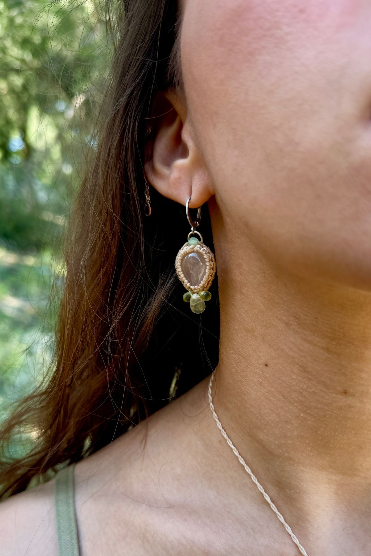 Handmade Rose Quartz Hoop Earrings with Prehnite and Peridot Gemstone Drops