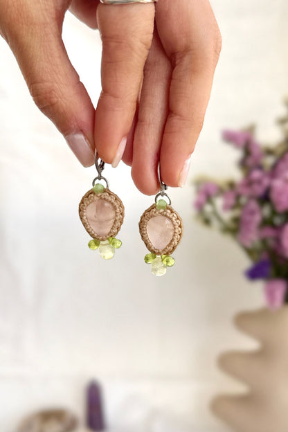 Handmade Rose Quartz Hoop Earrings with Prehnite and Peridot Gemstone Drops
