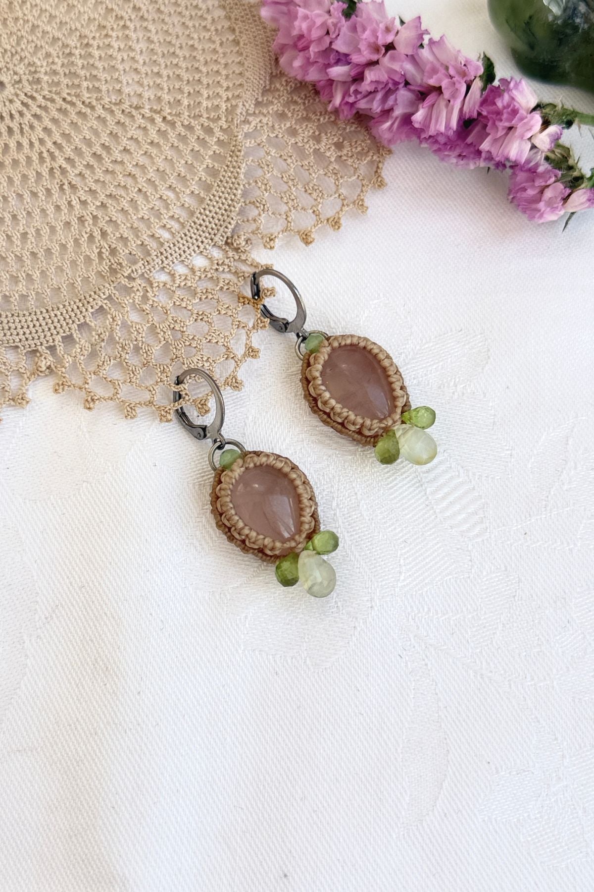 Handmade Rose Quartz Hoop Earrings with Prehnite and Peridot Gemstone Drops
