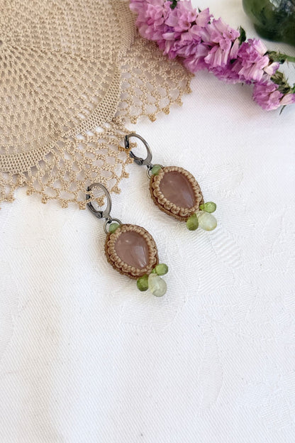 Handmade Rose Quartz Hoop Earrings with Prehnite and Peridot Gemstone Drops