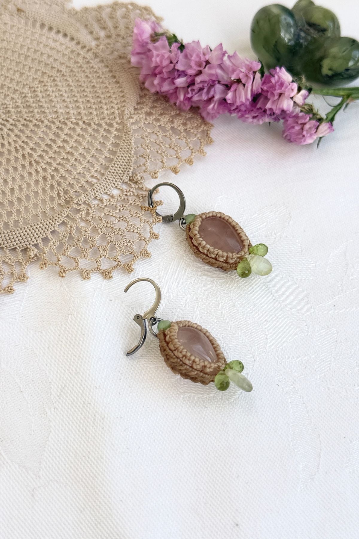 Handmade Rose Quartz Hoop Earrings with Prehnite and Peridot Gemstone Drops