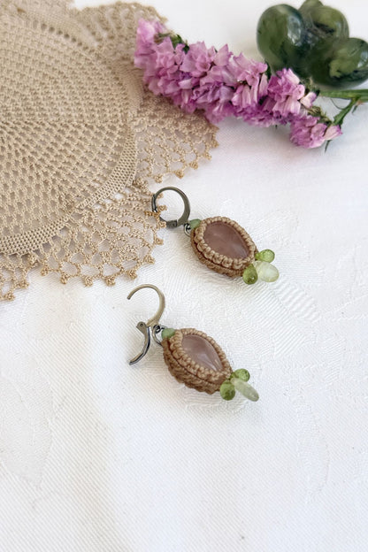 Handmade Rose Quartz Hoop Earrings with Prehnite and Peridot Gemstone Drops