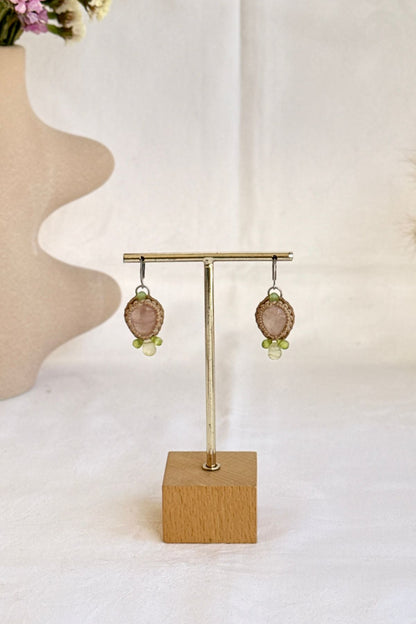 Handmade Rose Quartz Hoop Earrings with Prehnite and Peridot Gemstone Drops