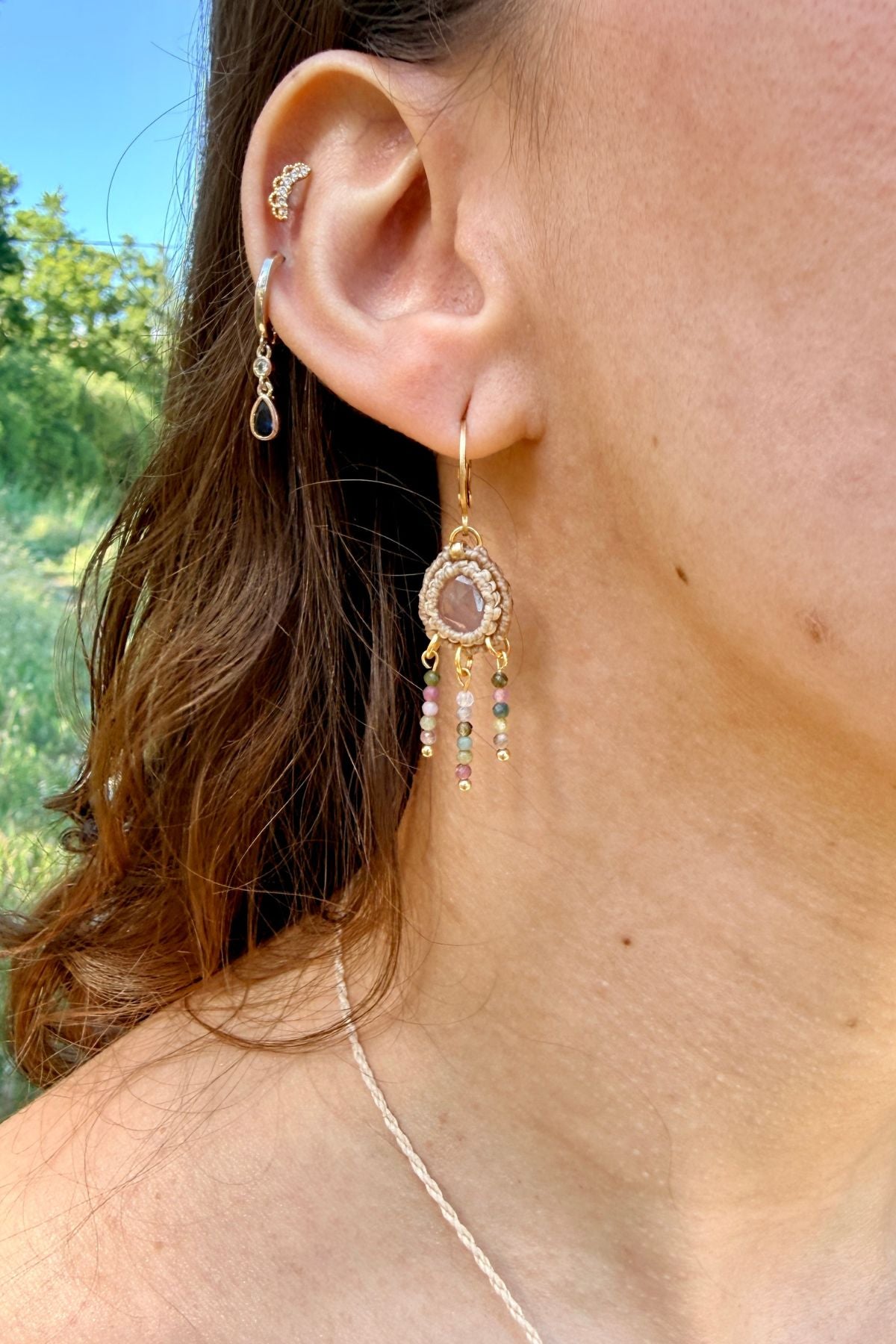 Handmade Rose Quartz and Multicolor Tourmaline Cascade Hoop Earrings