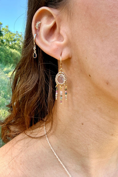 Handmade Rose Quartz and Multicolor Tourmaline Cascade Hoop Earrings