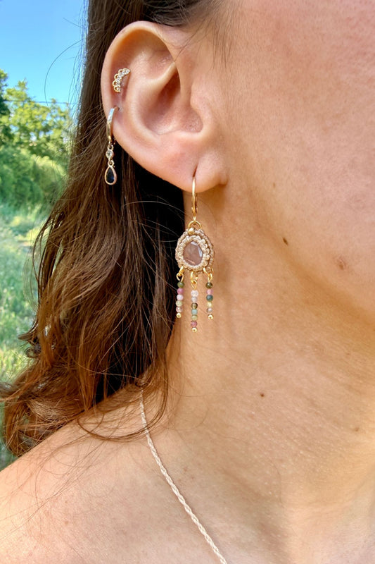 Handmade Rose Quartz and Multicolor Tourmaline Cascade Hoop Earrings