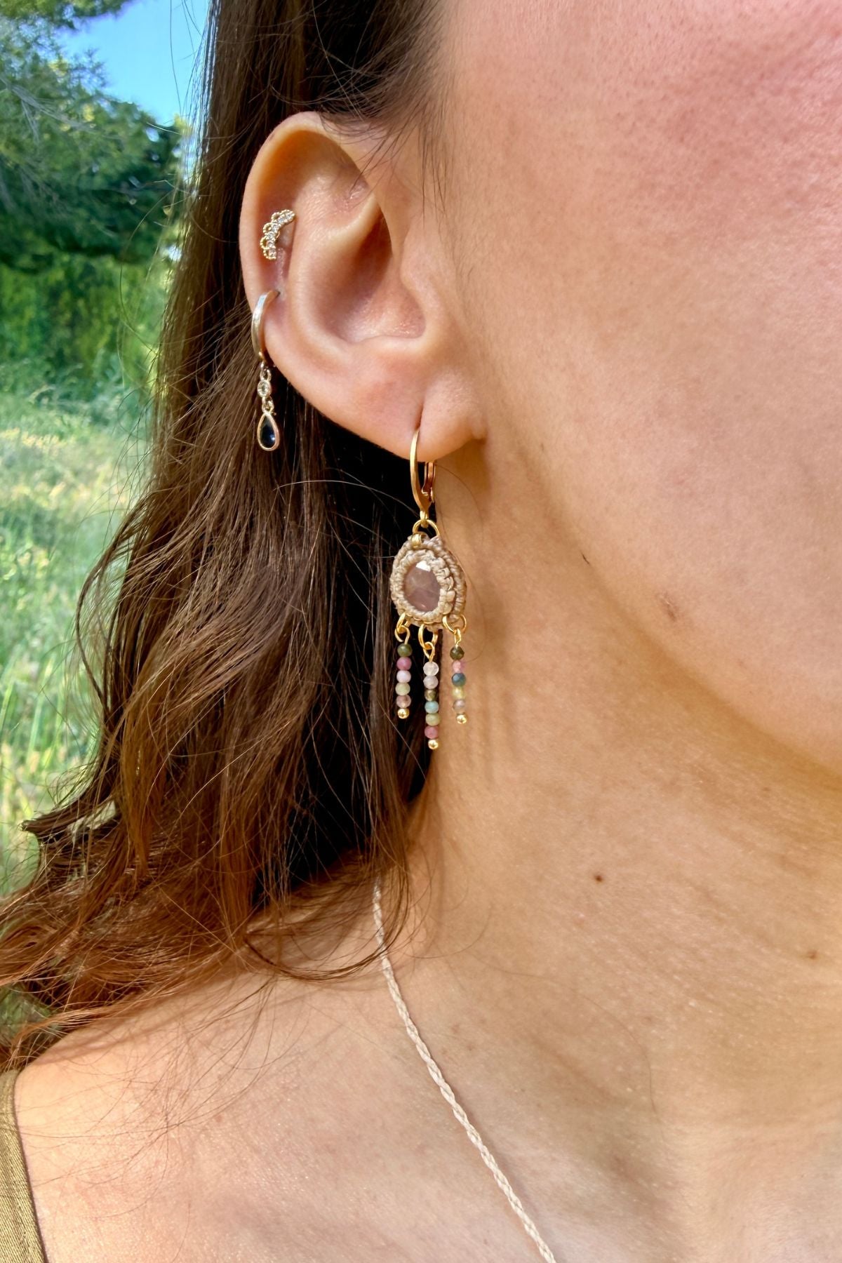 Handmade Rose Quartz and Multicolor Tourmaline Cascade Hoop Earrings