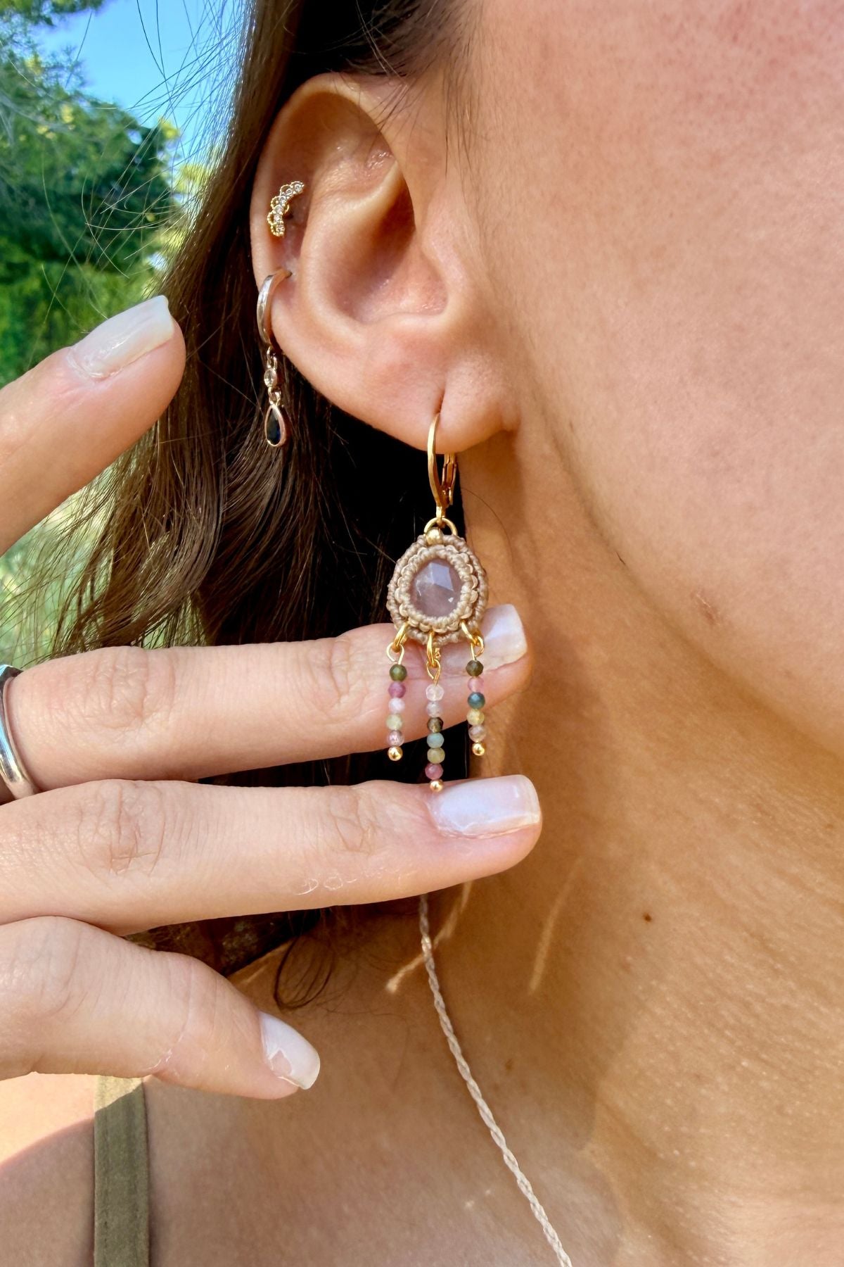 Handmade Rose Quartz and Multicolor Tourmaline Cascade Hoop Earrings