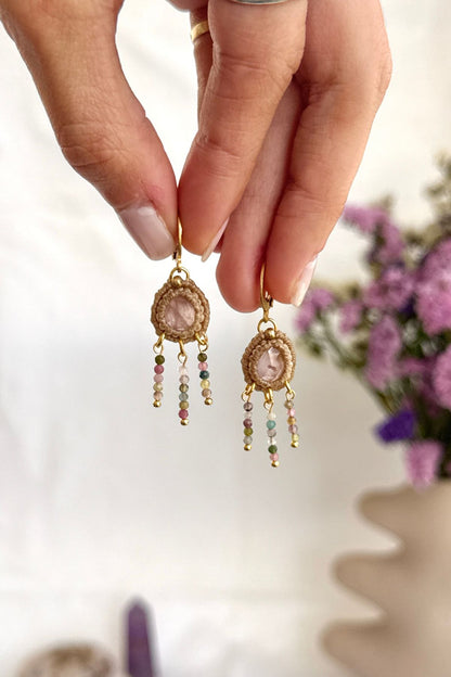 Handmade Rose Quartz and Multicolor Tourmaline Cascade Hoop Earrings