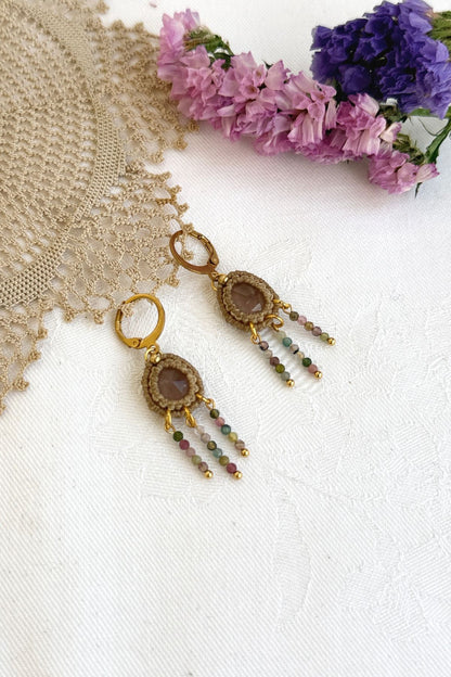 Handmade Rose Quartz and Multicolor Tourmaline Cascade Hoop Earrings