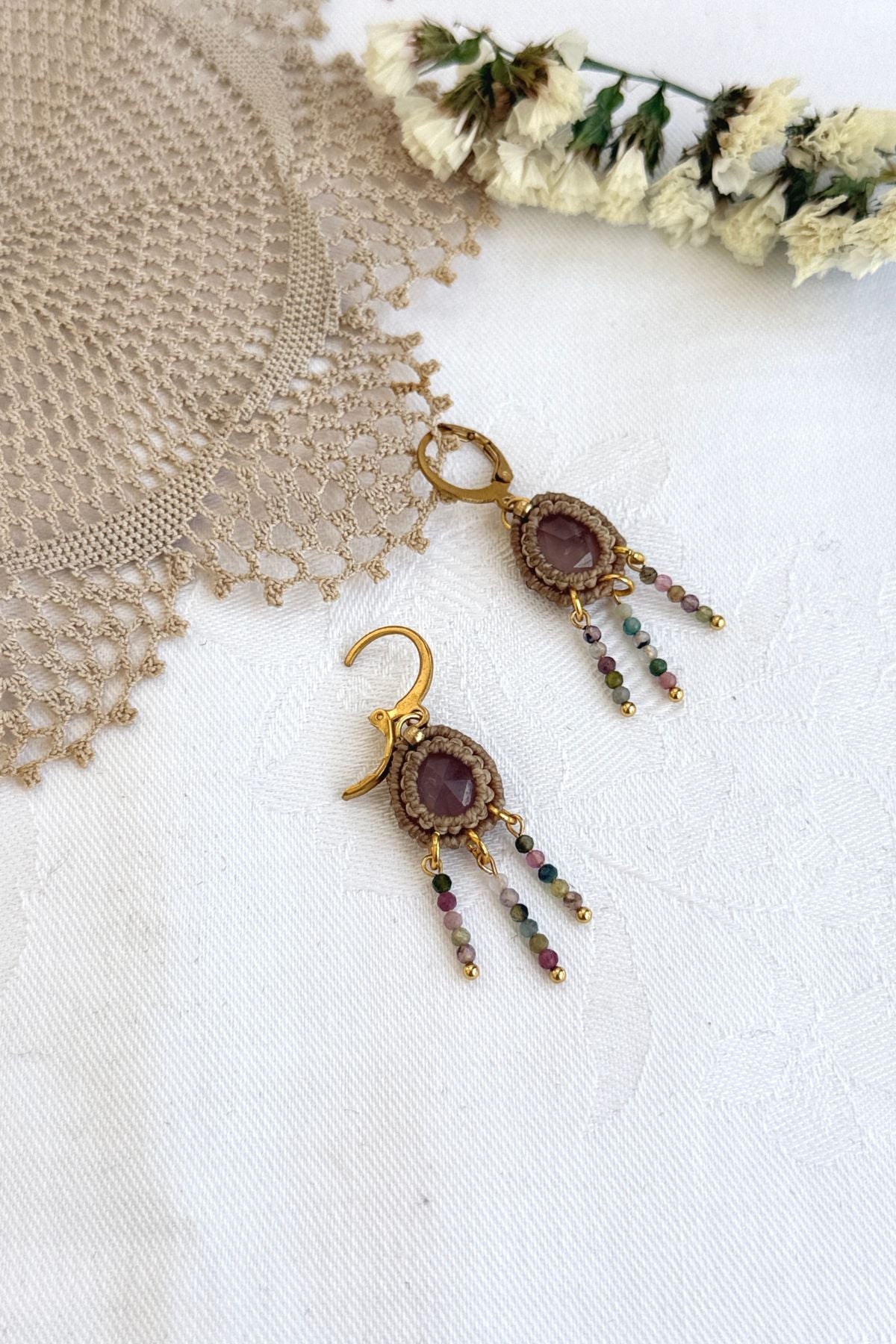 Handmade Rose Quartz and Multicolor Tourmaline Cascade Hoop Earrings