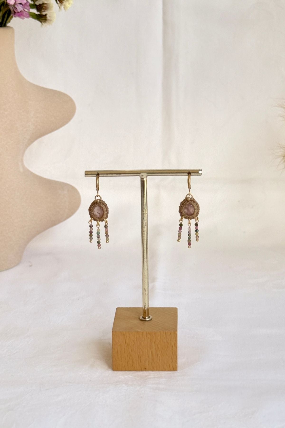 Handmade Rose Quartz and Multicolor Tourmaline Cascade Hoop Earrings
