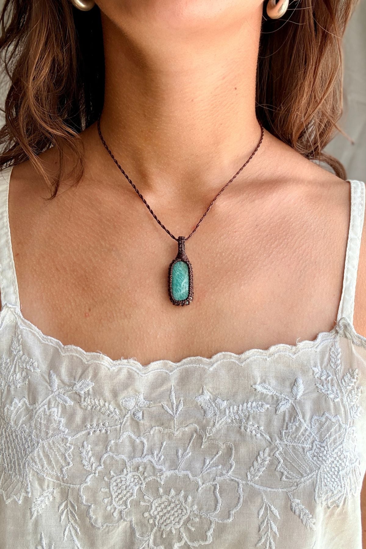 Model wearing a handmade Amazonite macramé necklace, delicate everyday jewelry