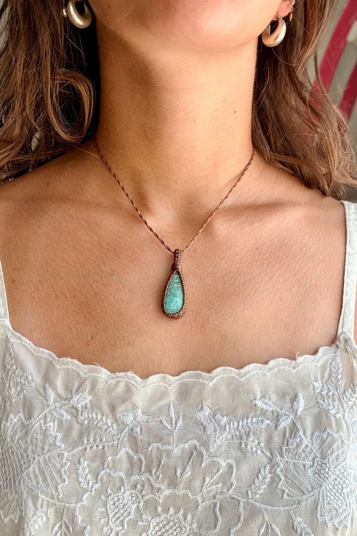 Model wearing a handmade Amazonite macramé necklace, delicate everyday jewelry
