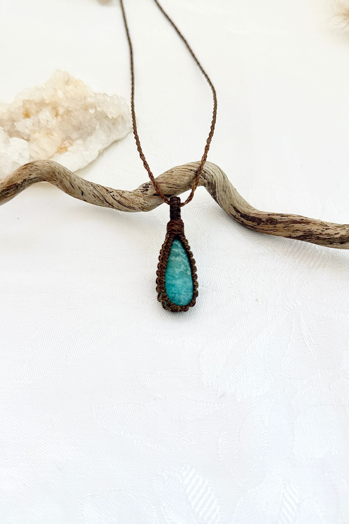 Handmade Amazonite macramé necklace, front view of natural gemstone pendant