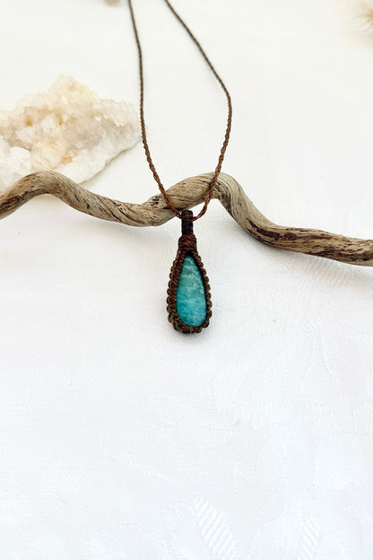 Handmade Amazonite macramé necklace, front view of natural gemstone pendant