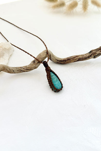Handmade Amazonite macramé necklace, side view showing the gemstone and macramé knotting