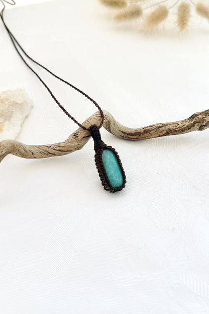 Handmade Amazonite macramé necklace, side view showing the gemstone and macramé knotting