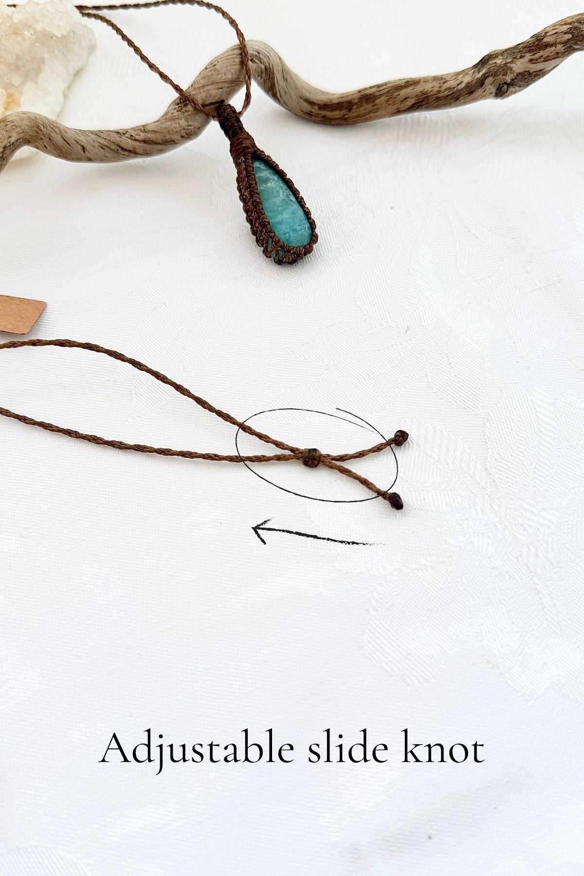 Handmade Amazonite macramé necklace with adjustable slide knot, versatile necklace sizing