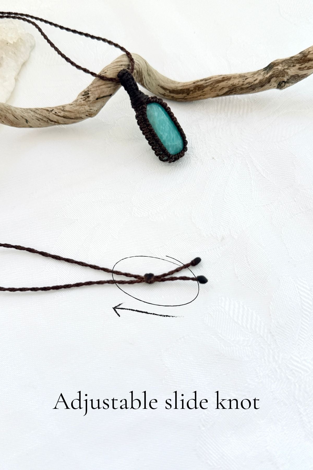 Handmade Amazonite macramé necklace with adjustable slide knot, versatile necklace sizing