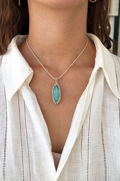 Model wearing a delicate handmade Amazonite macrame necklace with a beige cord, perfect for everyday wear.
