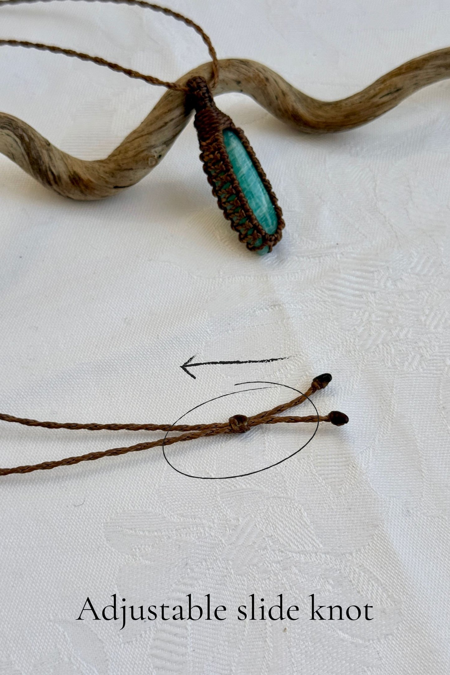 Close-up of the adjustable sliding knot on the Amazonite Macrame necklace, allowing for an easy and customizable fit for any wearer.