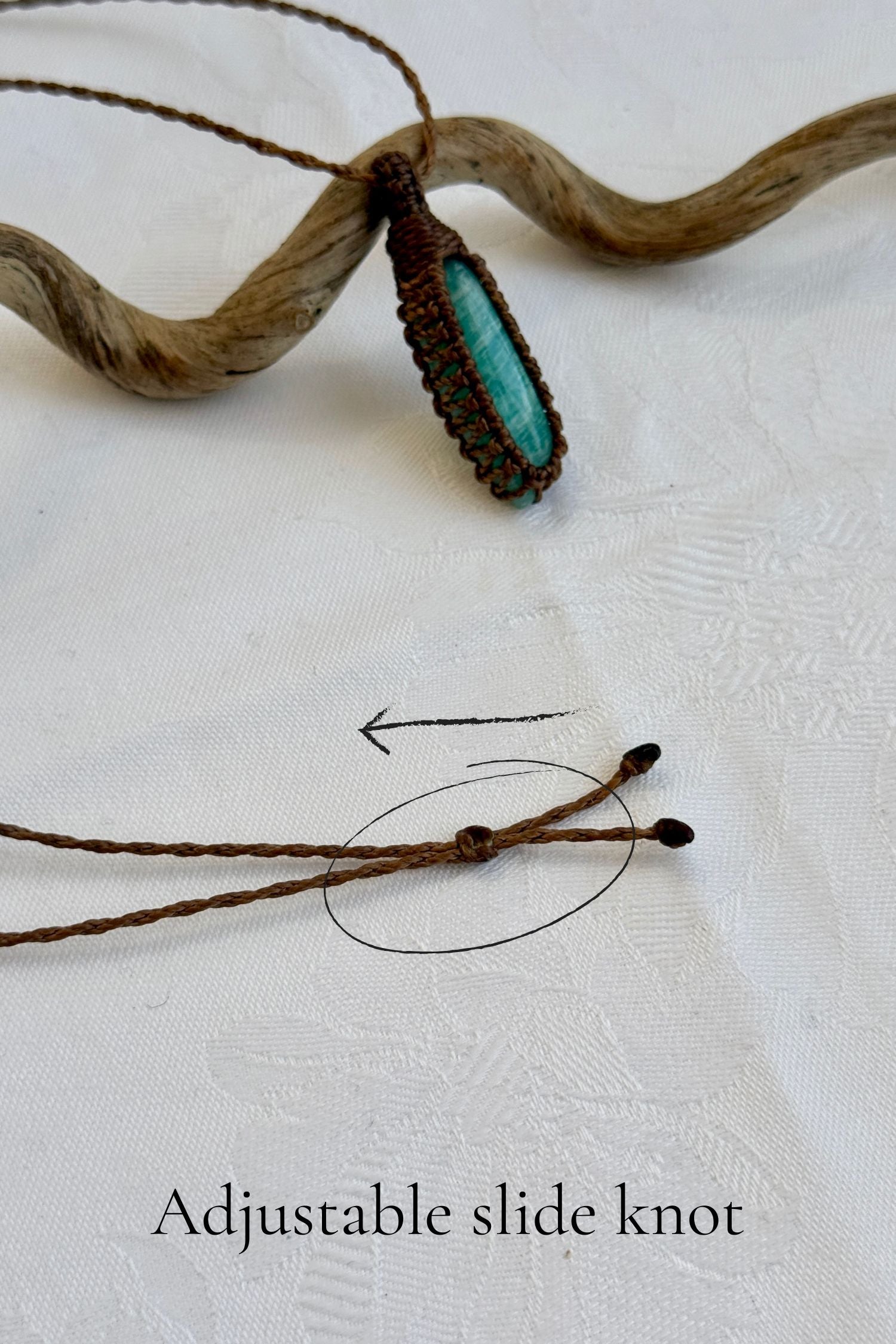 Close-up of the adjustable sliding knot on the Amazonite Macrame necklace, allowing for an easy and customizable fit for any wearer.