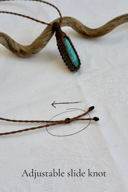 Close-up of the adjustable sliding knot on the Amazonite Macrame necklace, allowing for an easy and customizable fit for any wearer.